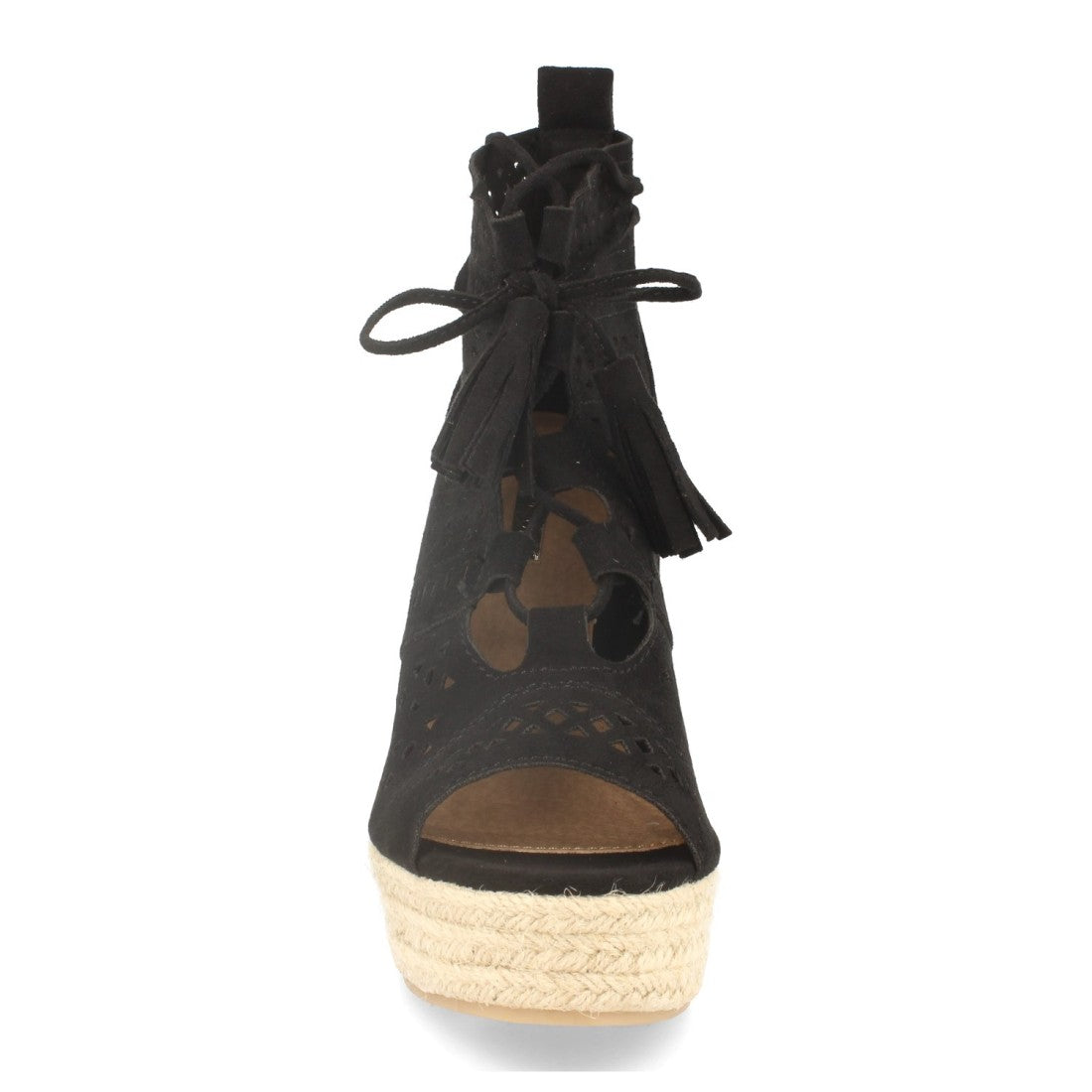 Vimice Sandalia de cuña con yute de mujer en negro – calados y cordones con borlas