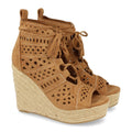 Vimice Sandalia de cuña con yute de mujer en camel – calados y cordones con borlas