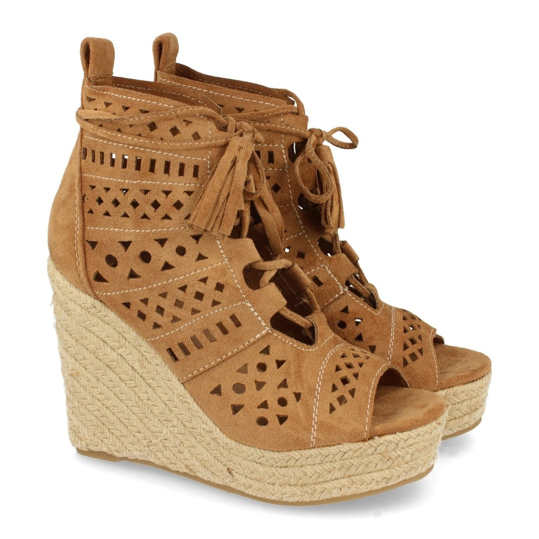 Vimice Sandalia de cuña con yute de mujer en camel – calados y cordones con borlas
