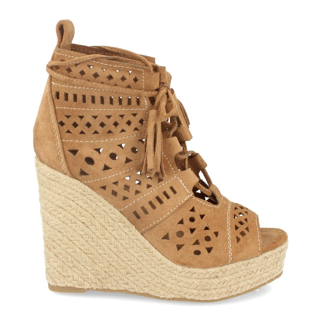 Vimice Sandalia de cuña con yute de mujer en camel – calados y cordones con borlas