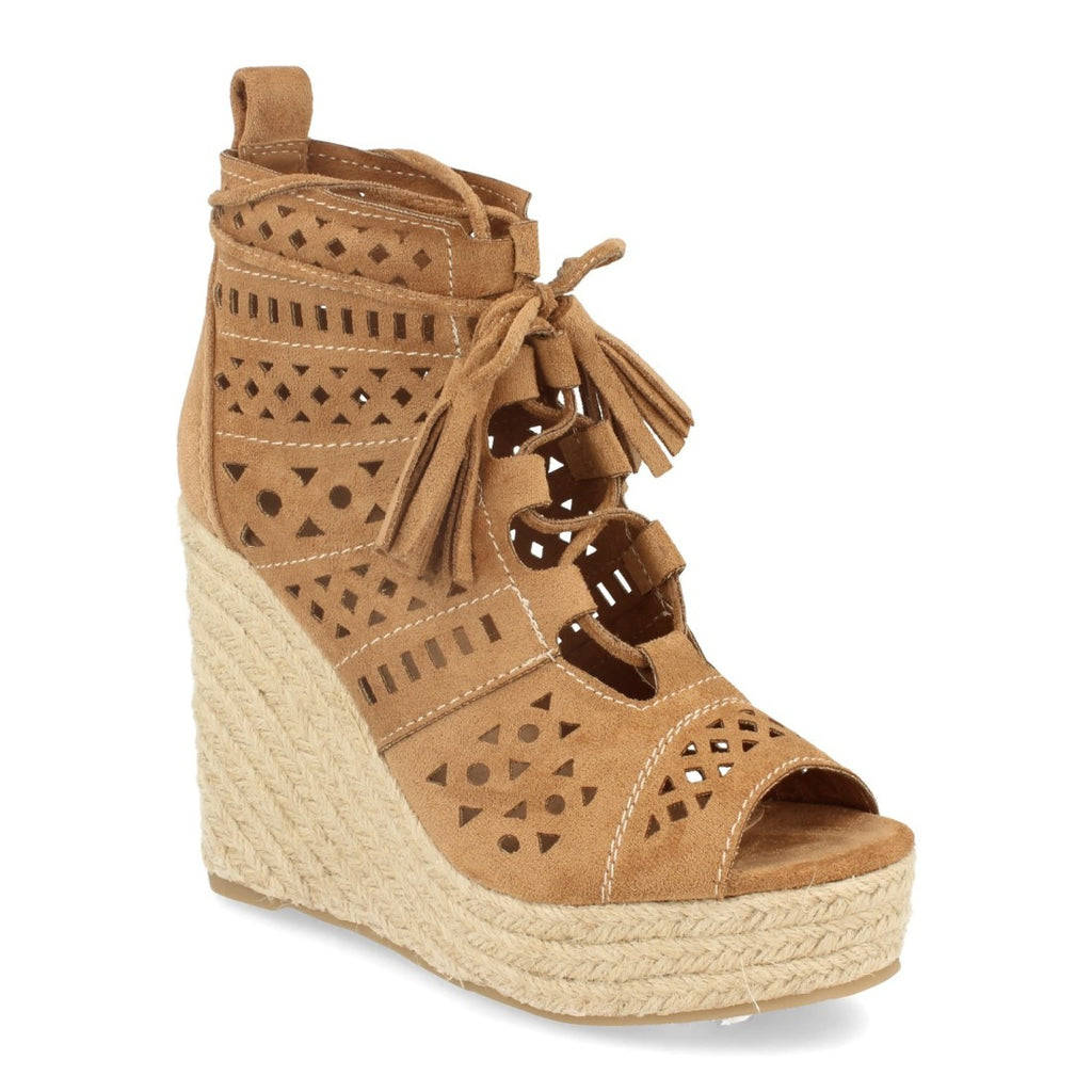 Vimice Sandalia de cuña con yute de mujer en camel – calados y cordones con borlas