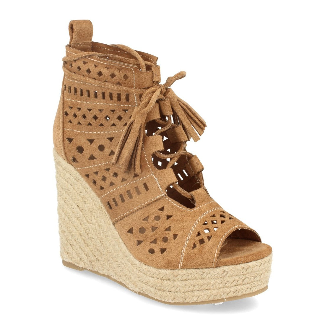 Vimice Sandalia de cuña con yute de mujer en camel – calados y cordones con borlas