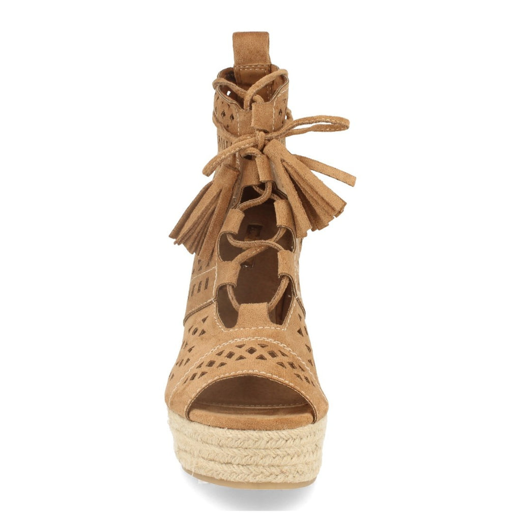 Vimice Sandalia de cuña con yute de mujer en camel – calados y cordones con borlas