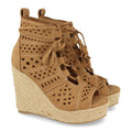 Vimice Sandalia de cuña con yute de mujer en beige – calados y cordones con borlas