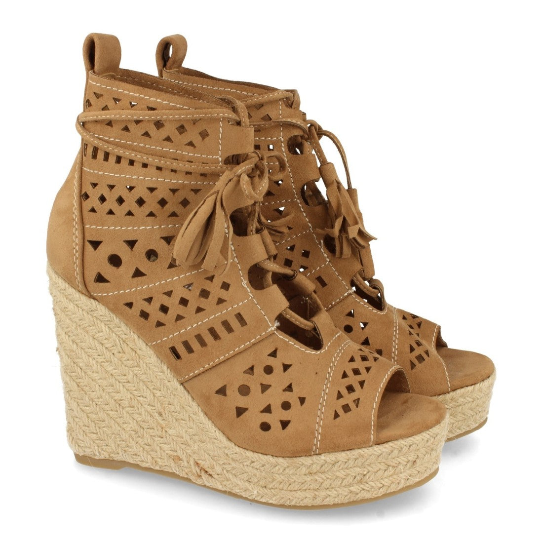 Vimice Sandalia de cuña con yute de mujer en beige – calados y cordones con borlas