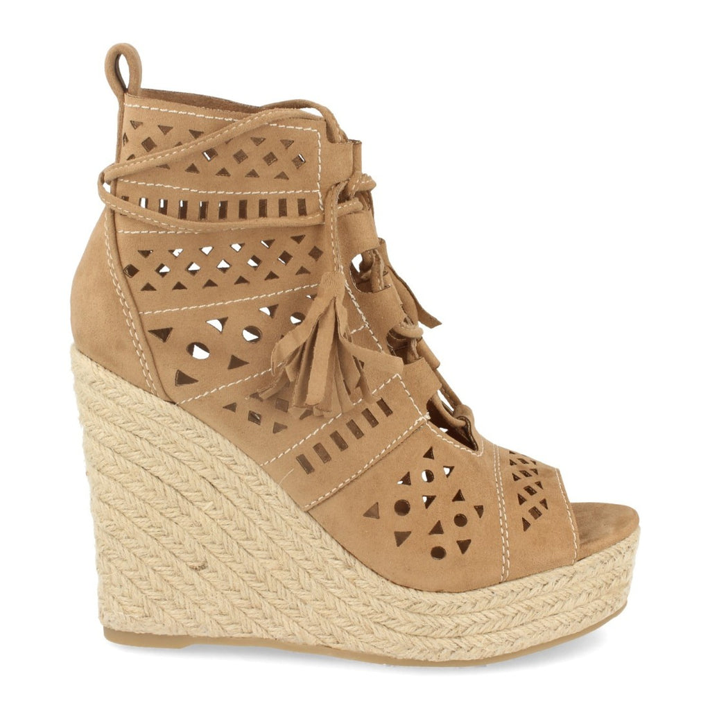 Vimice Sandalia de cuña con yute de mujer en beige – calados y cordones con borlas