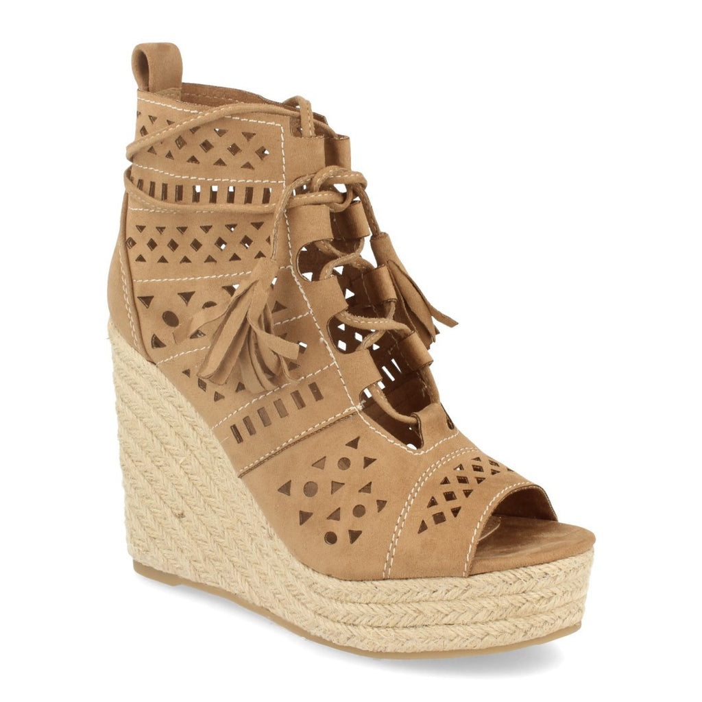 Vimice Sandalia de cuña con yute de mujer en beige – calados y cordones con borlas