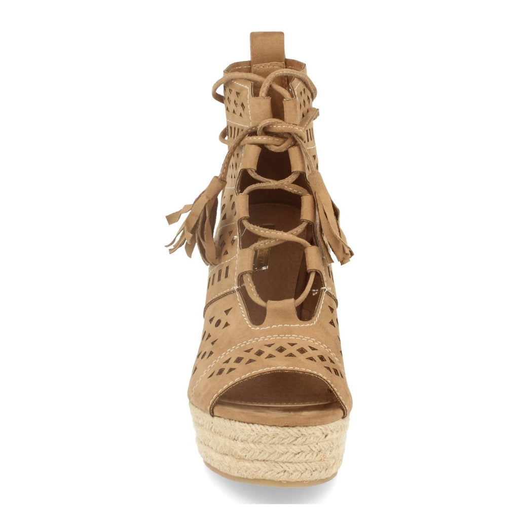Vimice Sandalia de cuña con yute de mujer en beige – calados y cordones con borlas