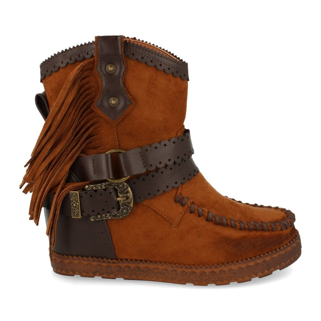 Vimice Botín estilo indio de mujer en camel – flecos, correas y cuña