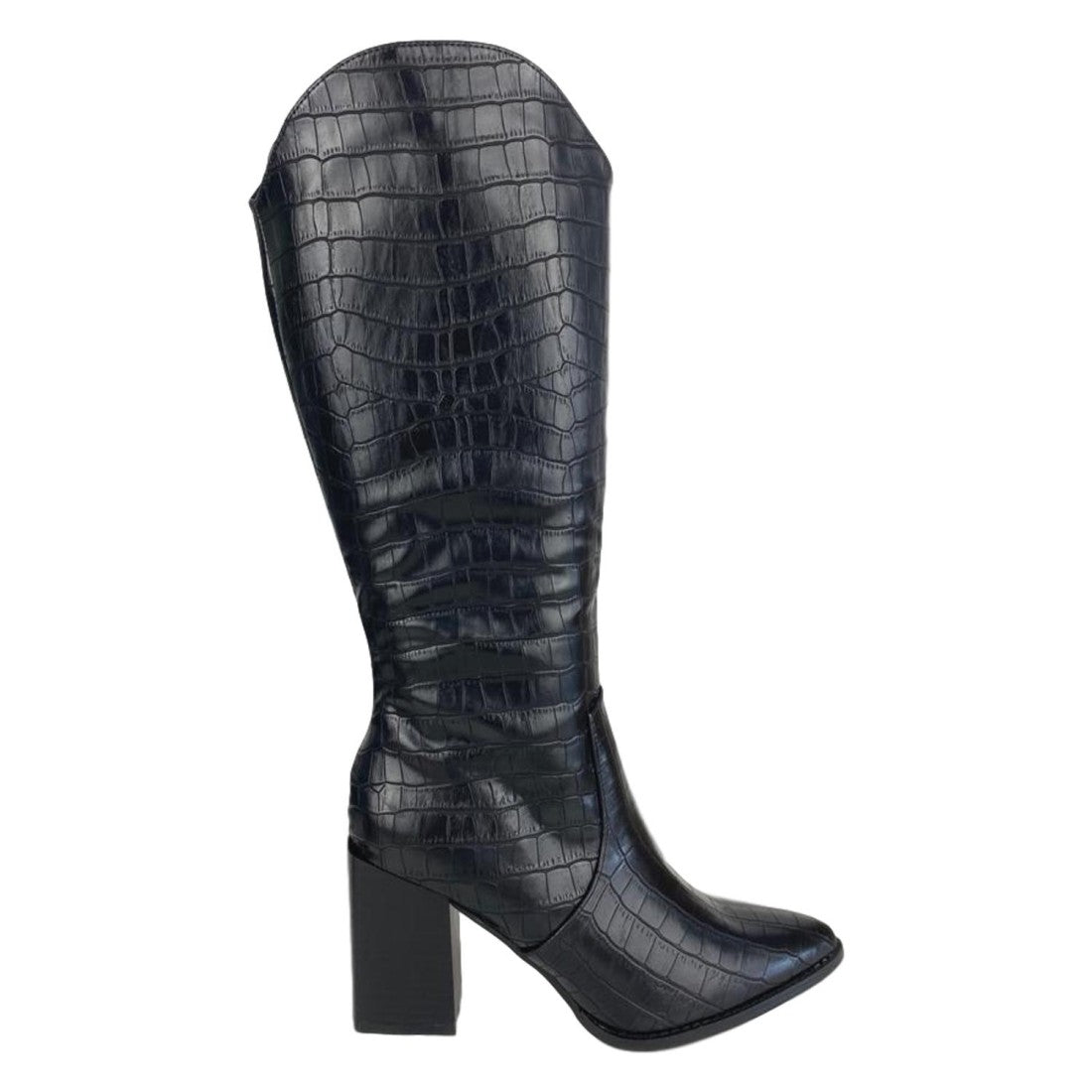 Vimice Bota alta de tacón de mujer en negro – print cocodrilo y cremallera