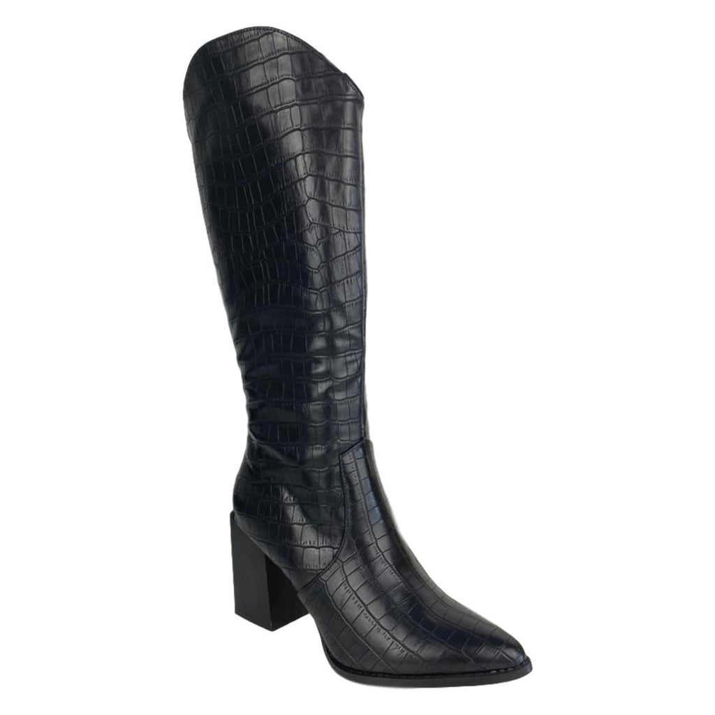 Vimice Bota alta de tacón de mujer en negro – print cocodrilo y cremallera