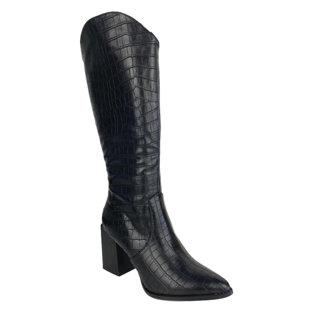 Vimice Bota alta de tacón de mujer en negro – print cocodrilo y cremallera