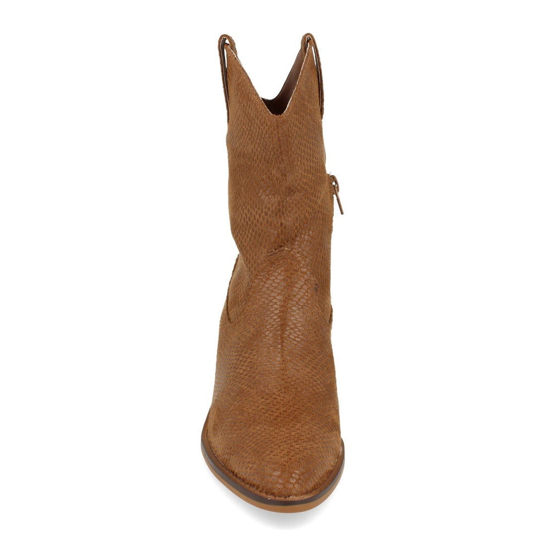 Vimice Botín de tacón de mujer en camel – print serpiente y cremallera