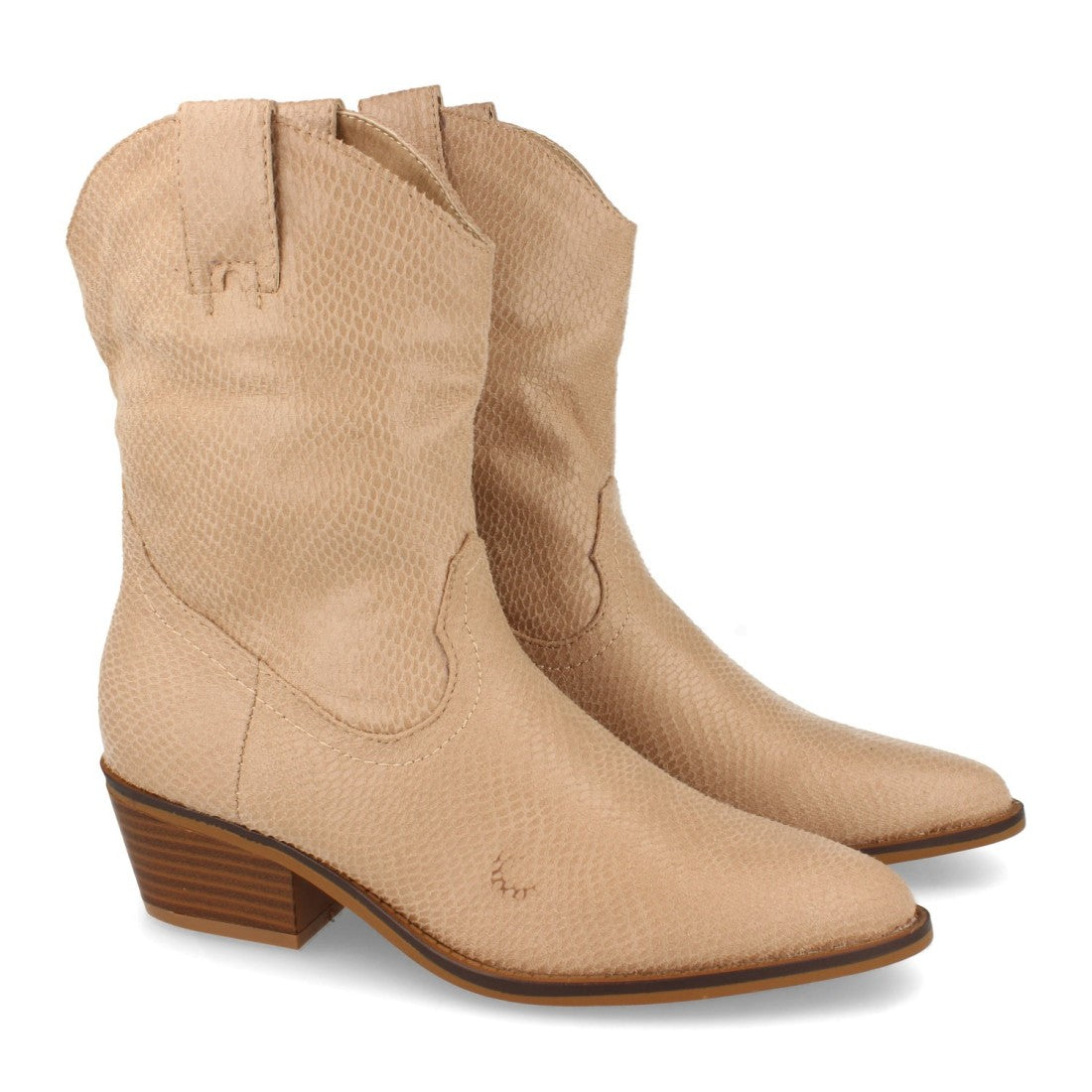 Vimice Botín de tacón de mujer en beige – print serpiente y cremallera