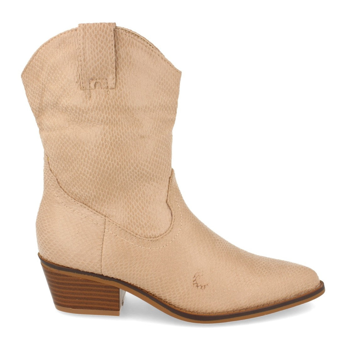 Vimice Botín de tacón de mujer en beige – print serpiente y cremallera