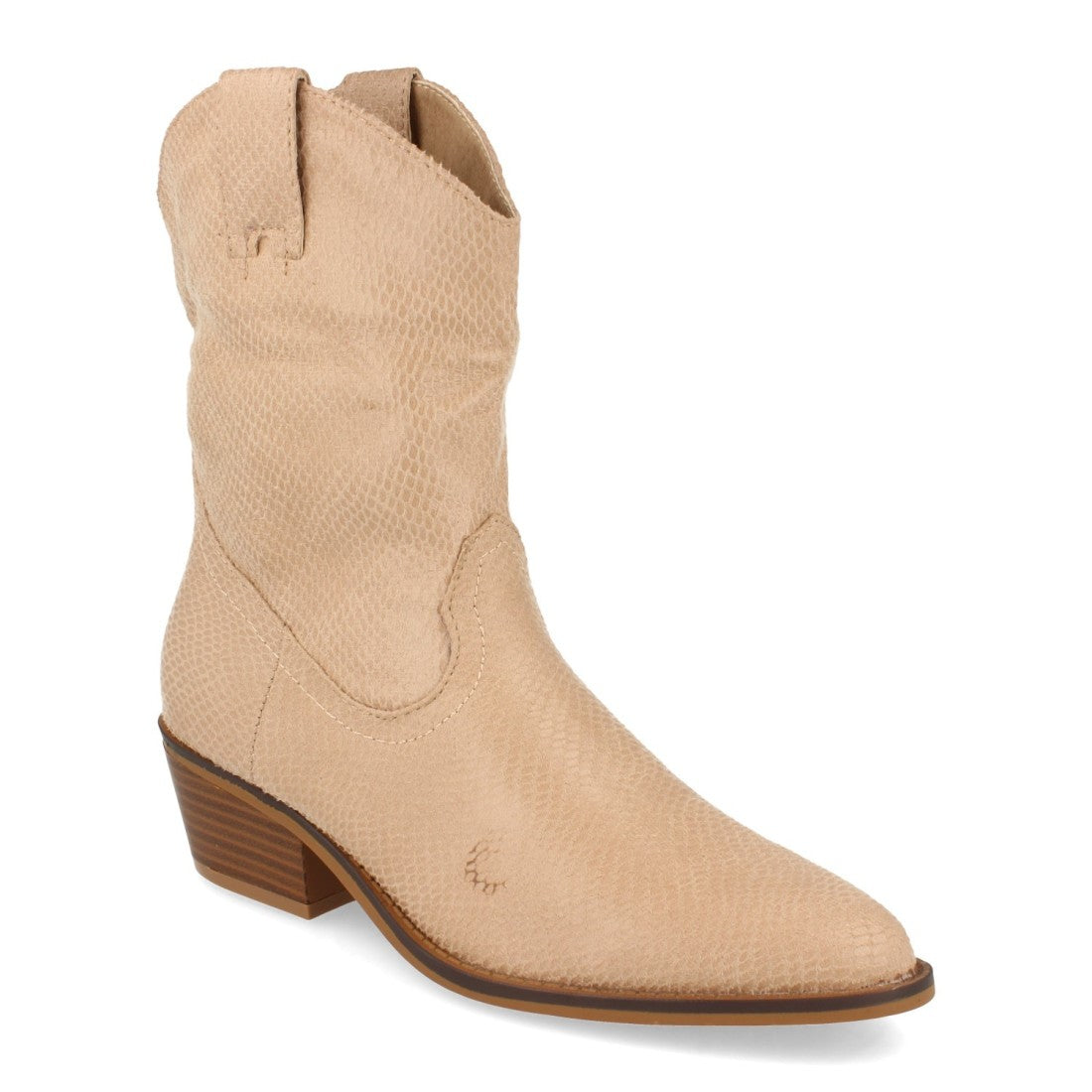 Vimice Botín de tacón de mujer en beige – print serpiente y cremallera