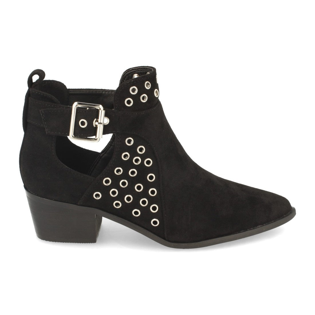 Vimice Botín de tacón casual de mujer en negro – tachas, punta fina y hebilla