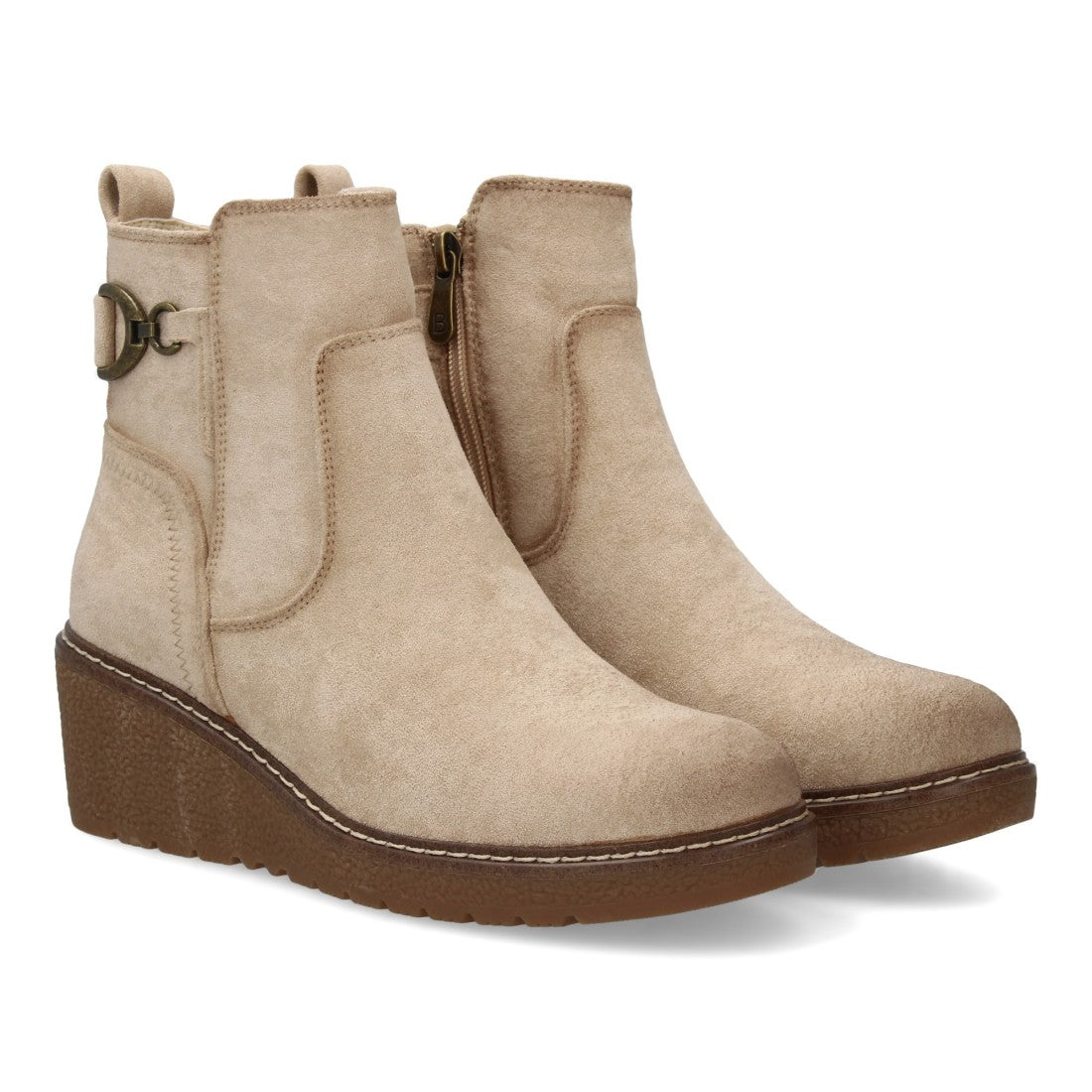 Vimice Botín de cuña de mujer en beige – adorno metálico lateral y cremallera
