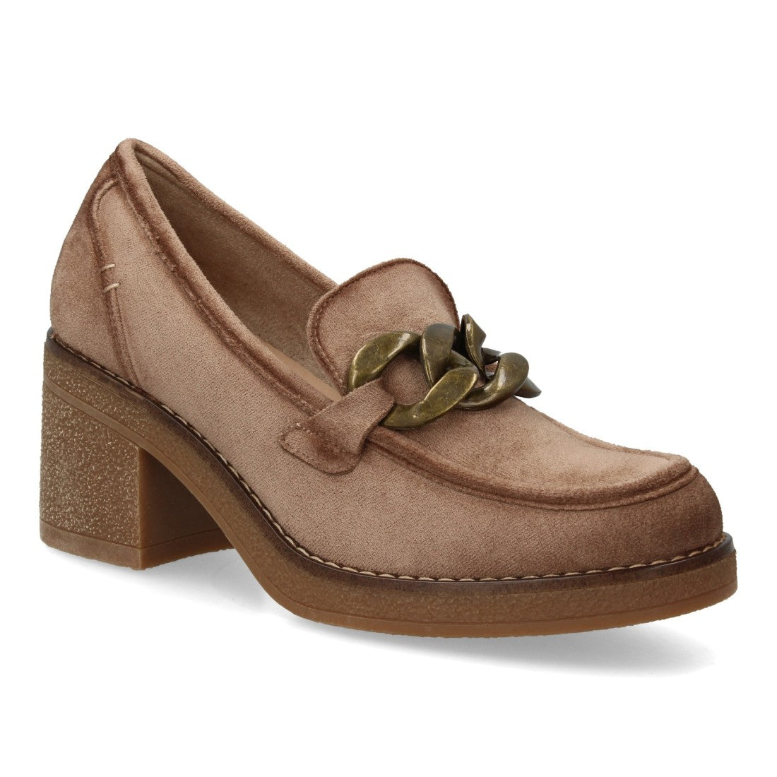 Vimice Pump de mujer en beige – aterciopelado con tacón ancho y cadena dorada