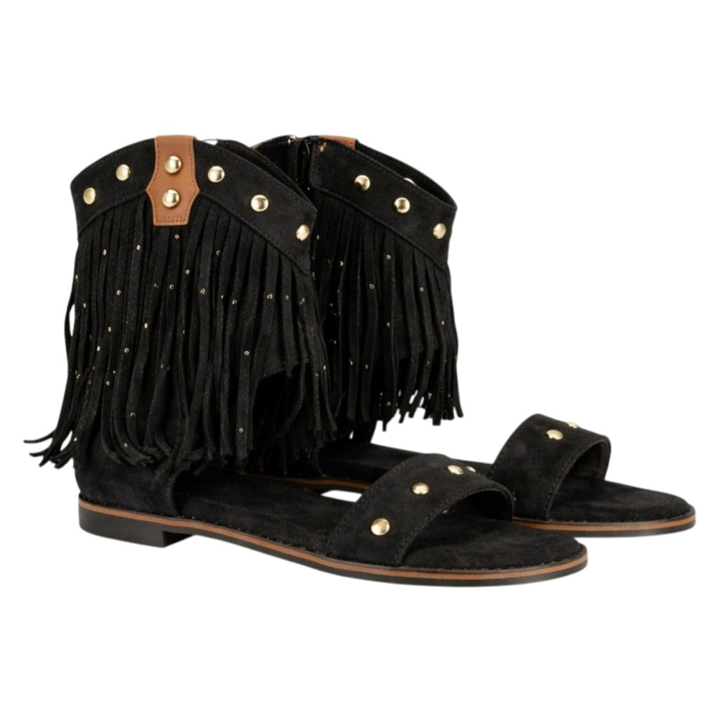 Vimice Sandalia boho de mujer en negro – flecos y detalles metálicos