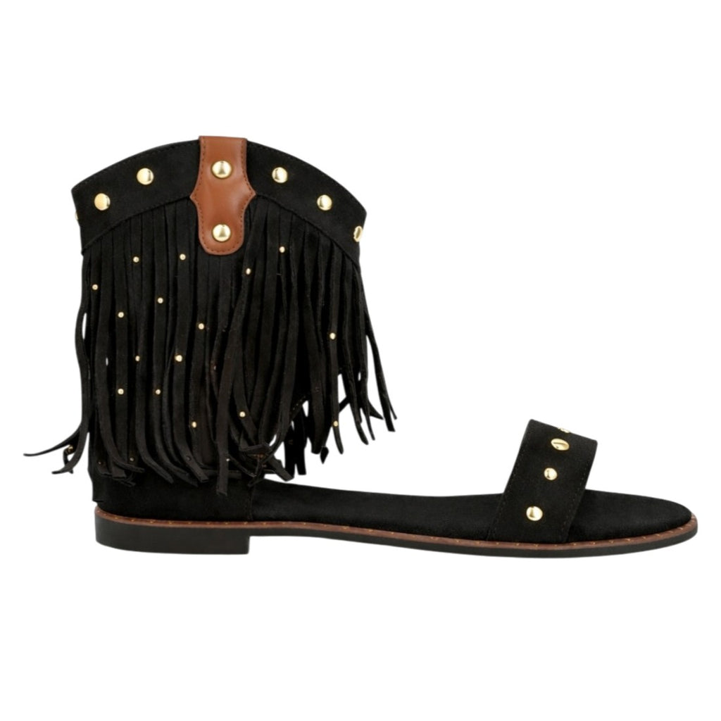 Vimice Sandalia boho de mujer en negro – flecos y detalles metálicos