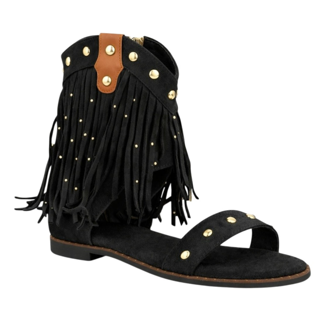 Vimice Sandalia boho de mujer en negro – flecos y detalles metálicos