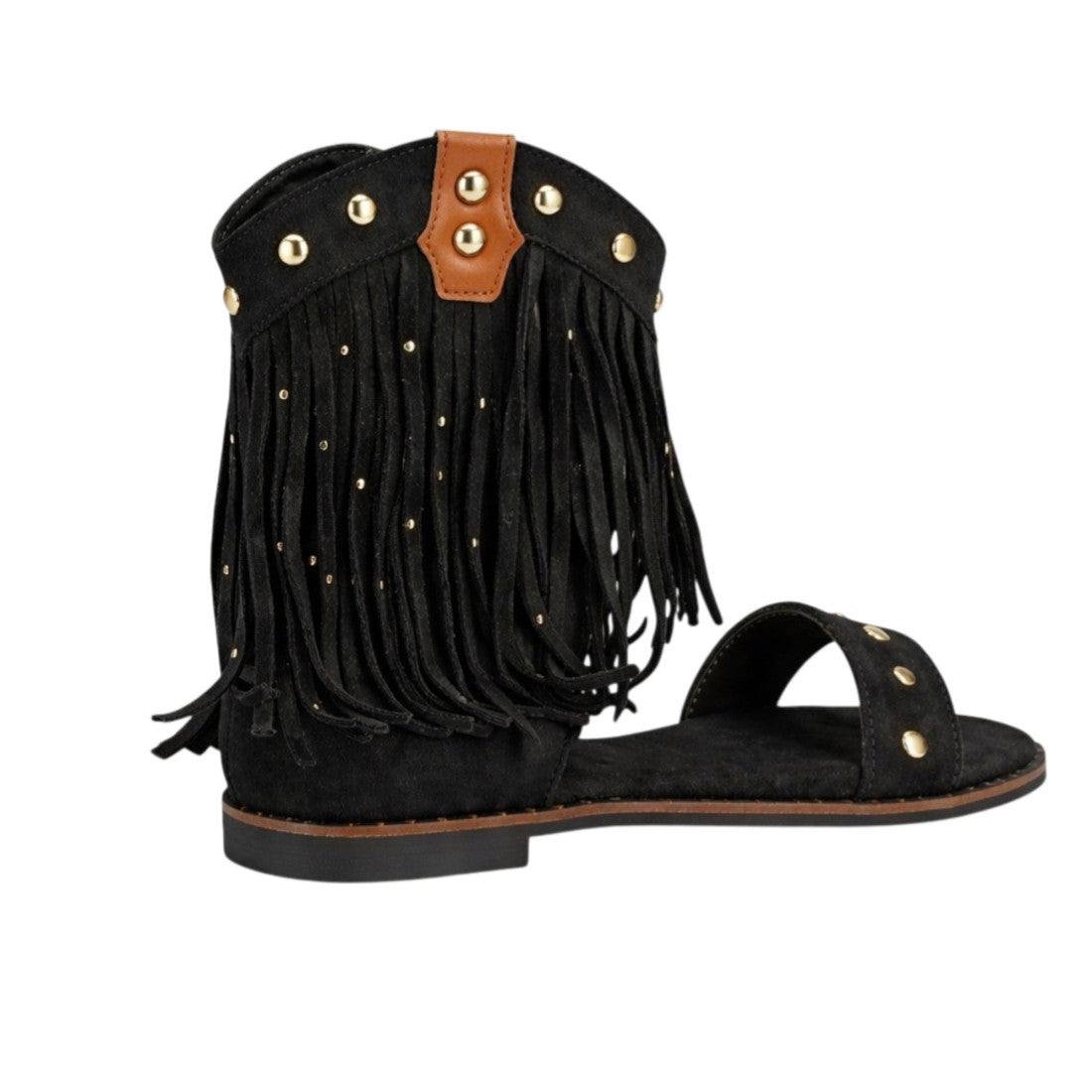 Vimice Sandalia boho de mujer en negro – flecos y detalles metálicos