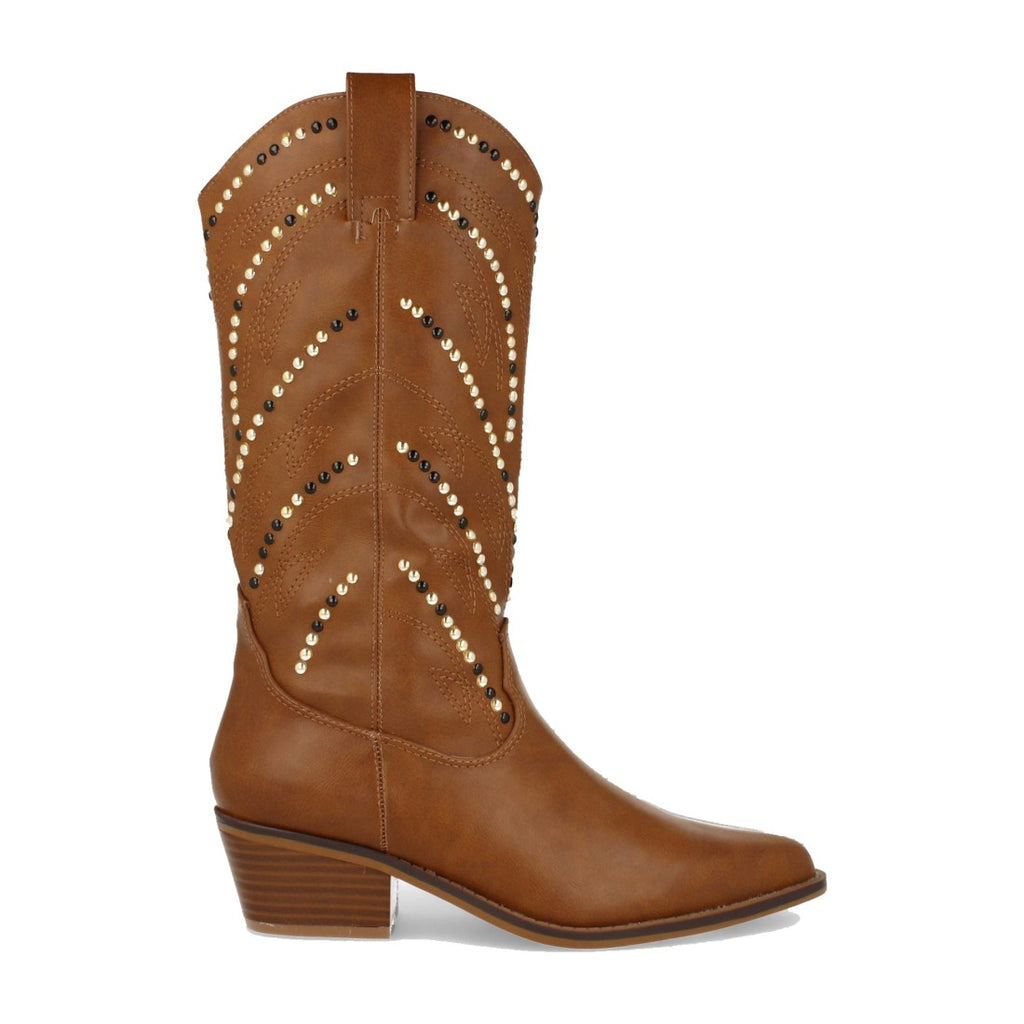 Vimice Bota de mujer en camel – tacón cubano con tachuelas en la caña