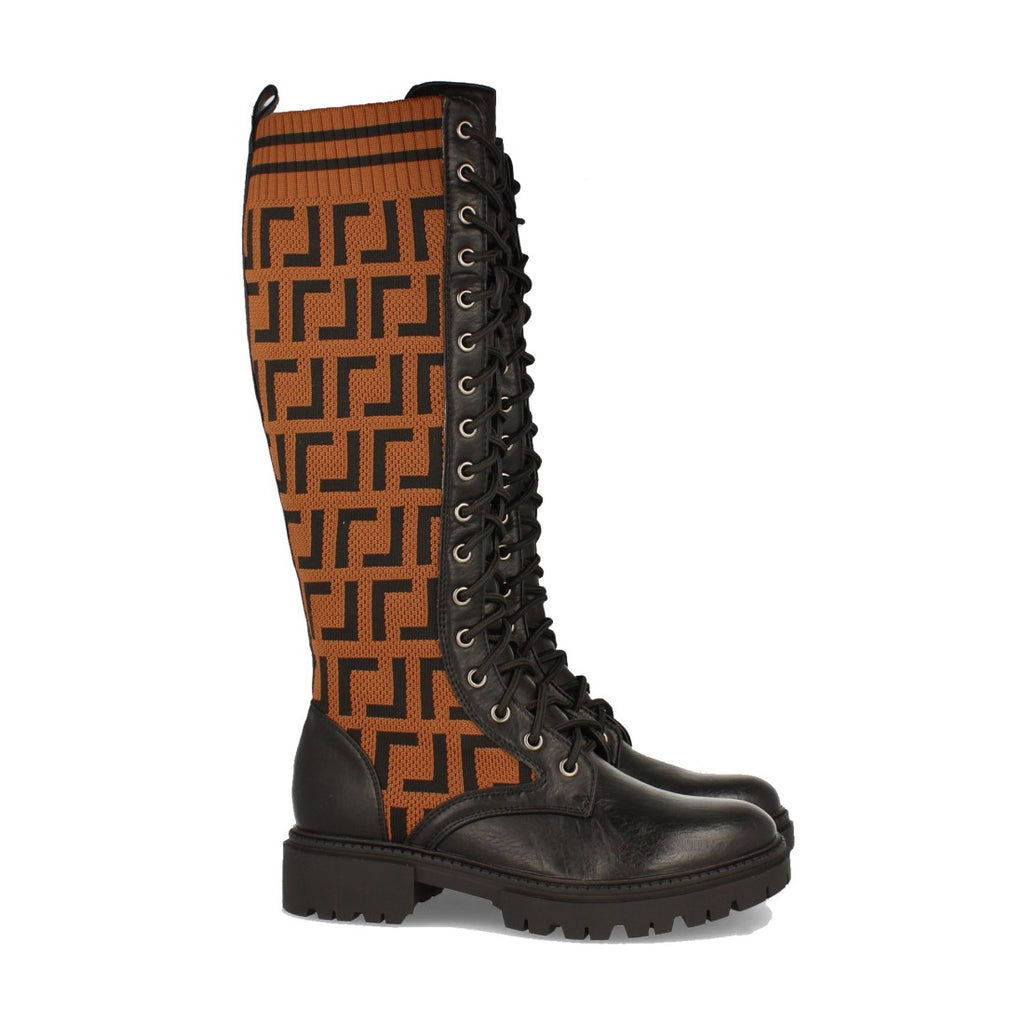 Vimice Bota plana de mujer en camel – grabados étnicos y cordones