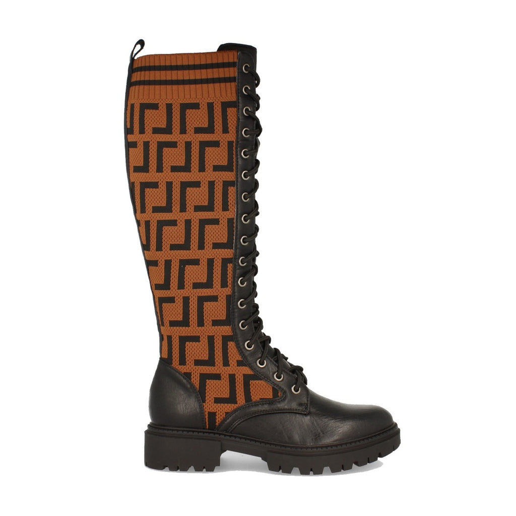 Vimice Bota plana de mujer en camel – grabados étnicos y cordones
