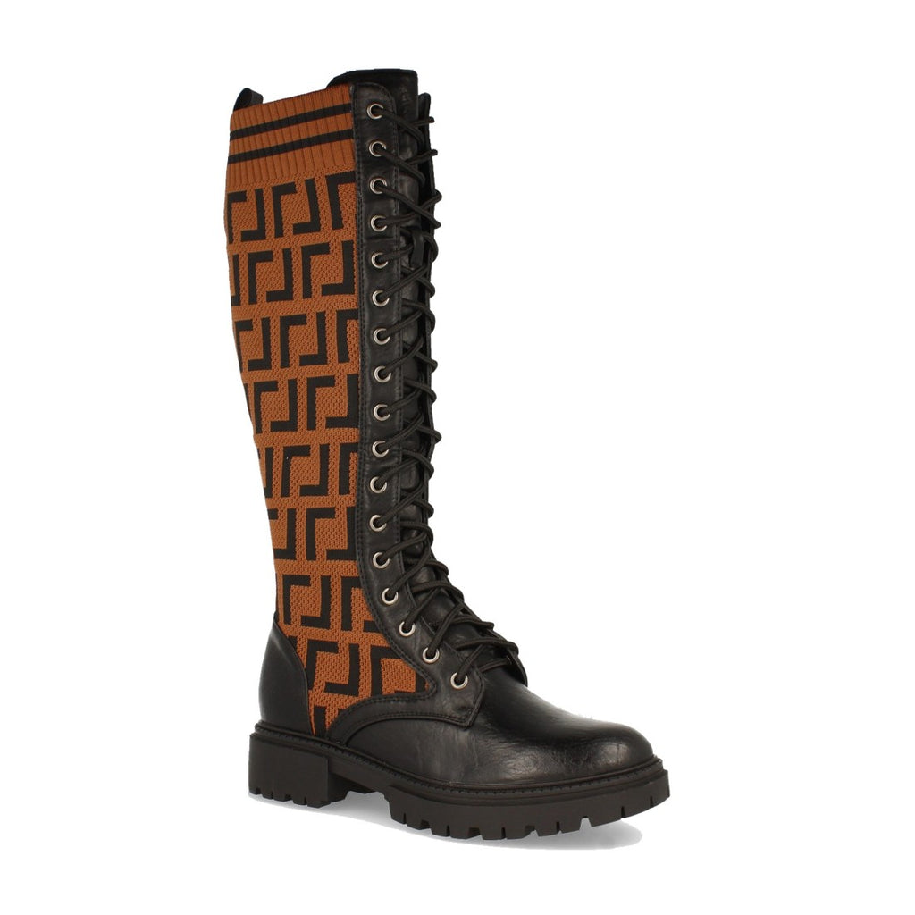 Vimice Bota plana de mujer en camel – grabados étnicos y cordones
