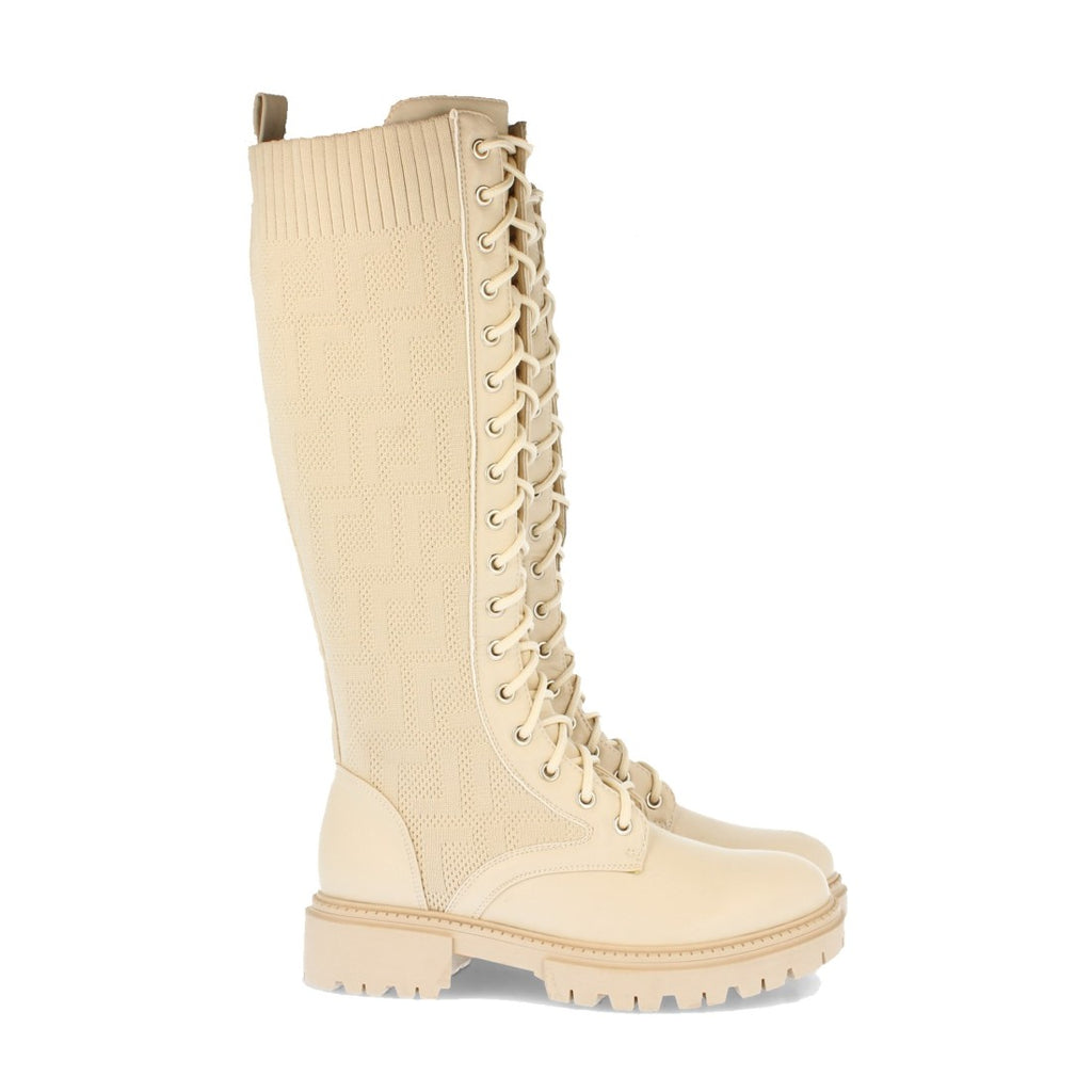Vimice Bota plana de mujer en beige – grabados étnicos y cordones