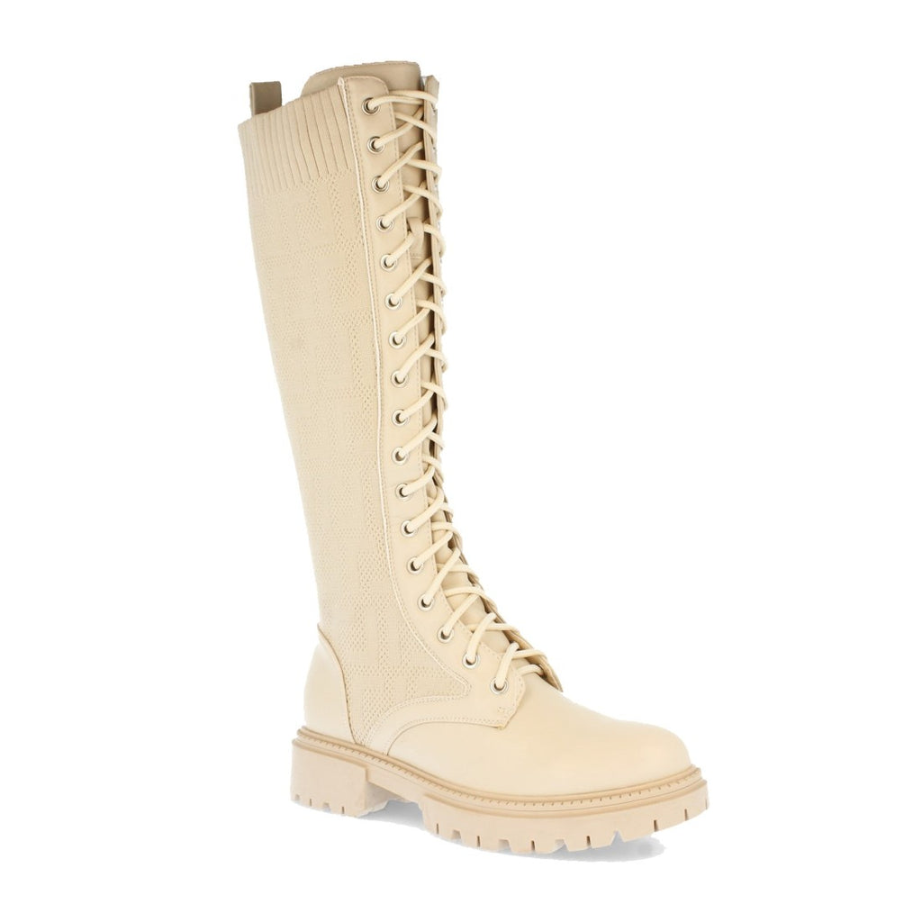 Vimice Bota plana de mujer en beige – grabados étnicos y cordones