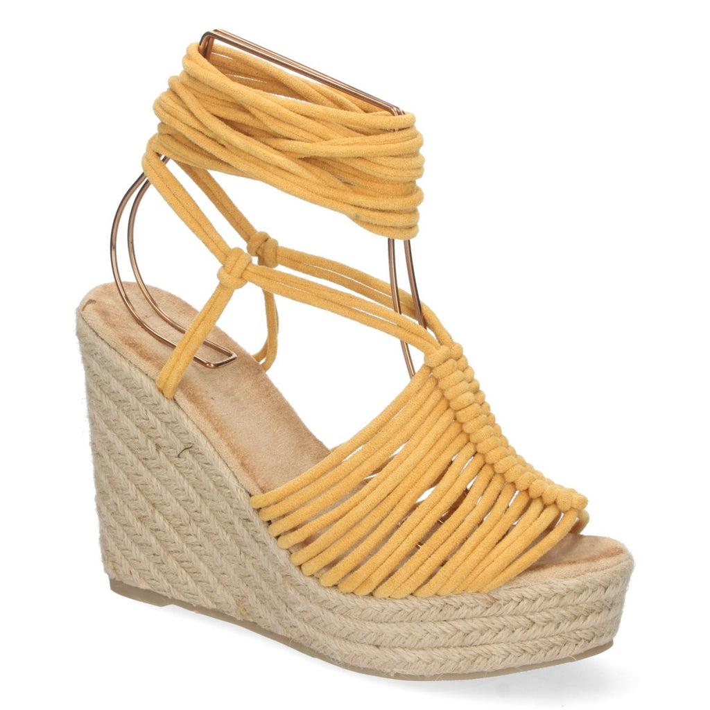 Vimice Sandalia de cuña de yute de mujer en camel – pala de tiras y cordones